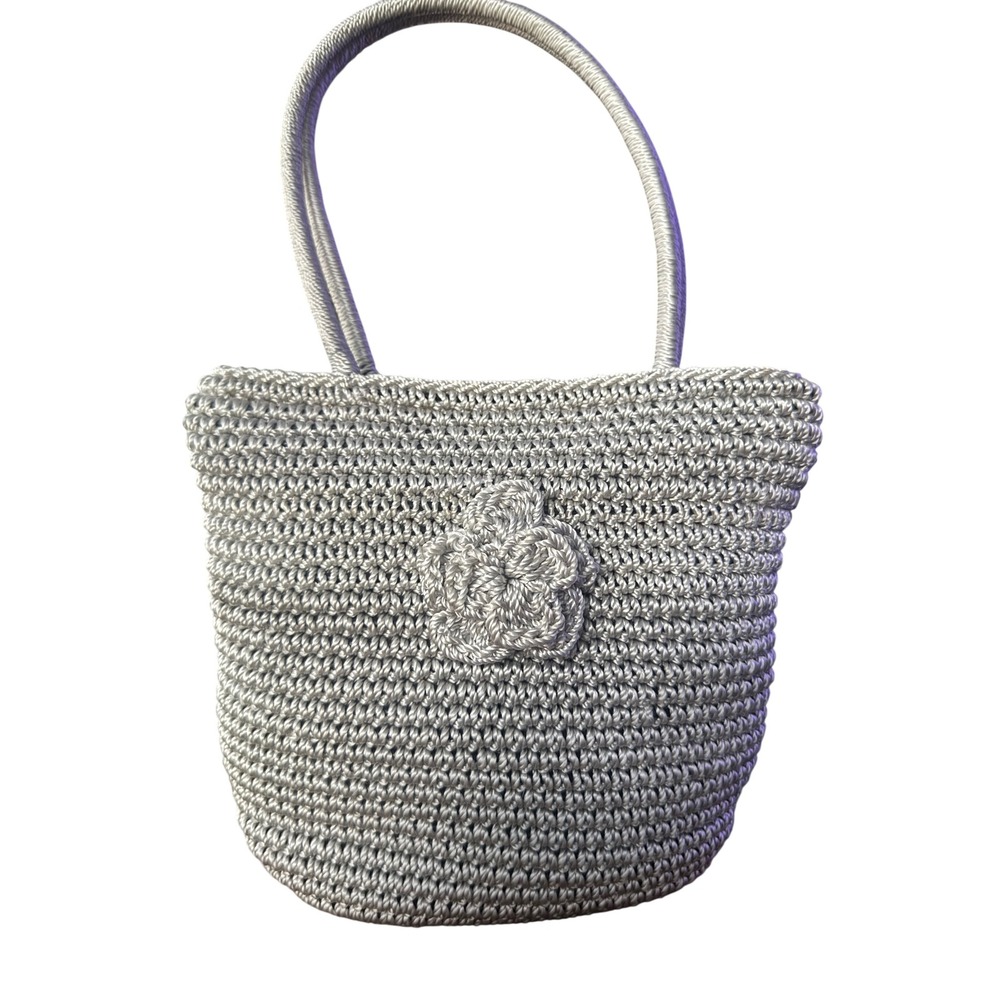 Silver Metallic Gray Crochet Shoulder Bag Floral Zip Tote Handcrafted VTG
EUC
